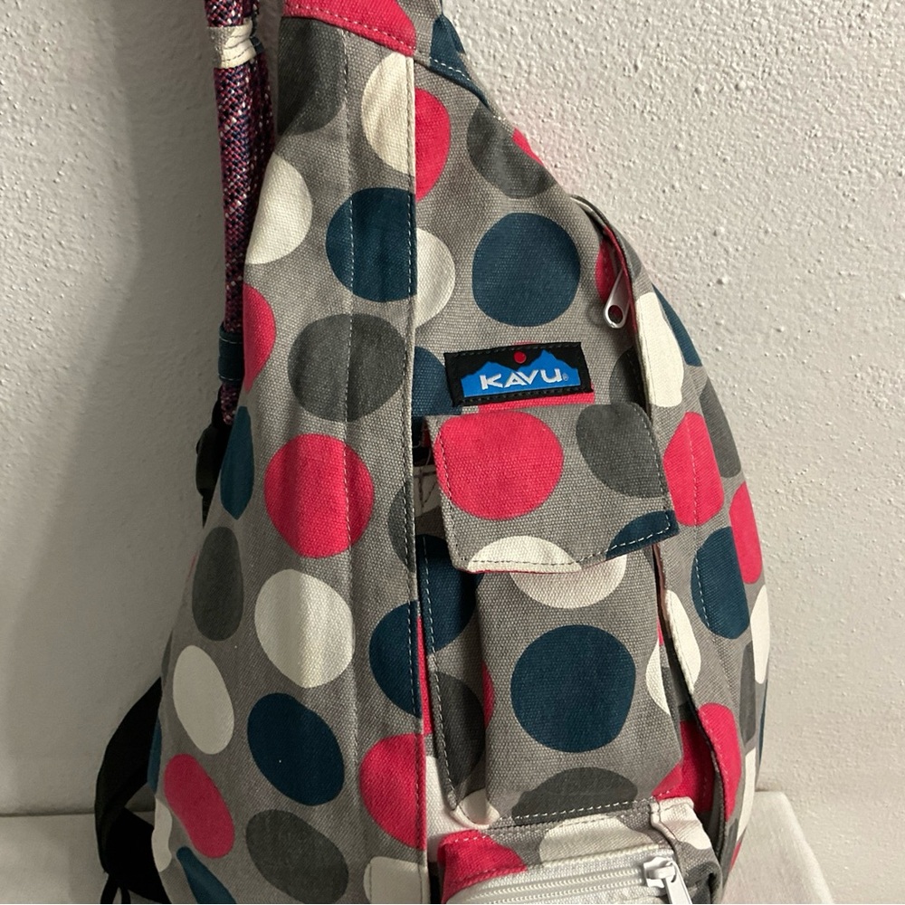 Kavu Gray Sling Backpack with Pink, Blue & White Polka Dots